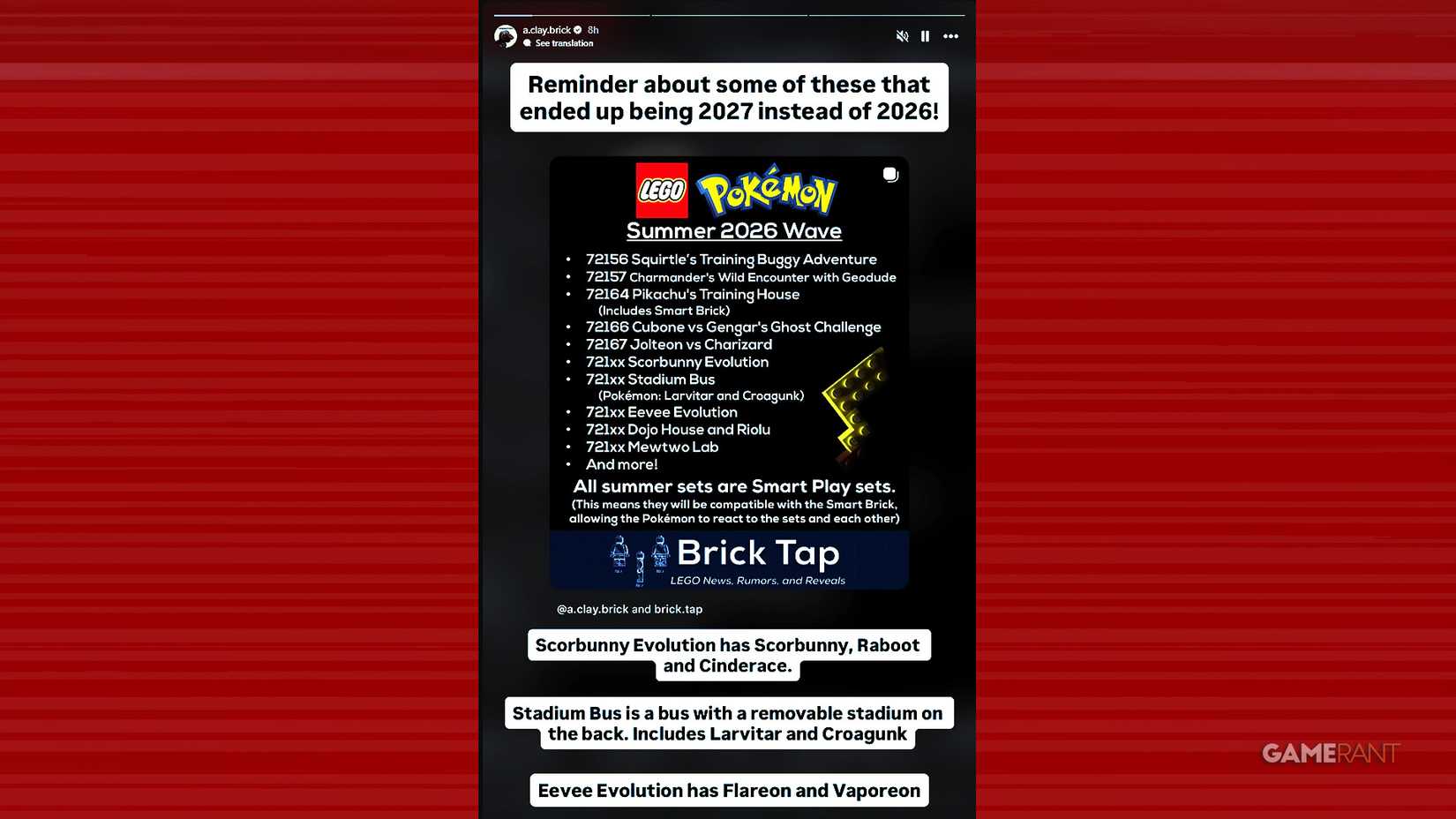 LEGO adia lançamento de quatro conjuntos Pokémon previstos para 2026 para 2027
